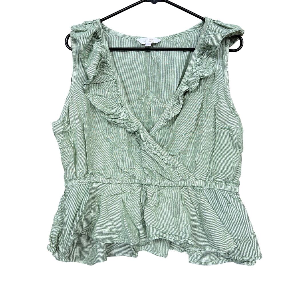 Lauren Conrad Womens Blouse Green Mini Stripe Ruffle Faux Wrap Peasant Large